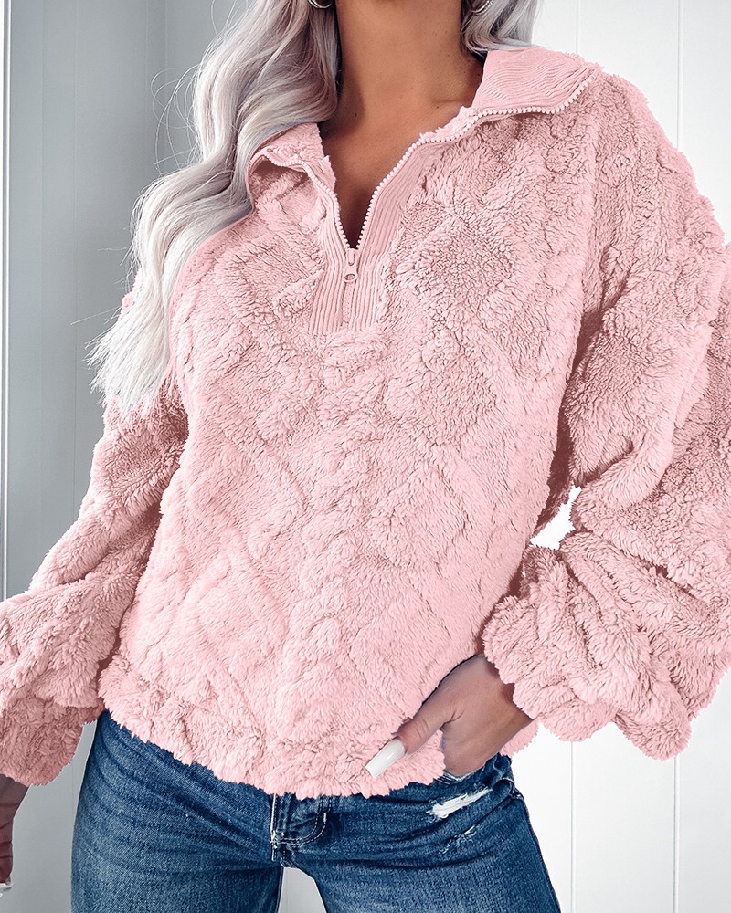 Sherpa Hoodie Fleece - レディース シェルパフリース プルオーバー ハーフジップ スタンドカラー フレアロングスリーブ