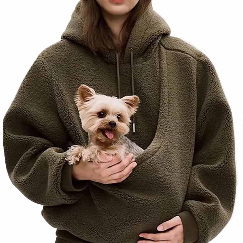 Sherpa Hoodie Fleece - 秋・冬用、無地のペット用ポケット付きフード付きスウェットシャツ、シェルパフリース素材、長袖、ゆったりとしたプルオーバーパーカー、小型ペット用。