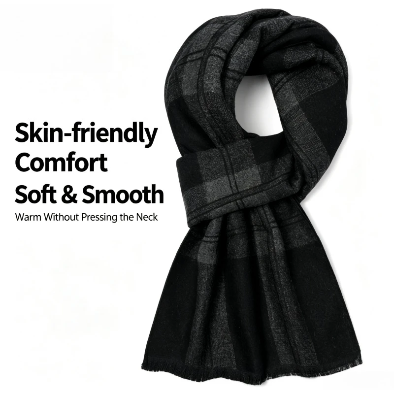 Wool Scarf Men - 1個入り、英国風の黒とグレーのチェック柄、メンズ用、ウール混紡、厚手で暖かい、ビジネスギフトに最適、お父様向けの長めのスカーフ。
